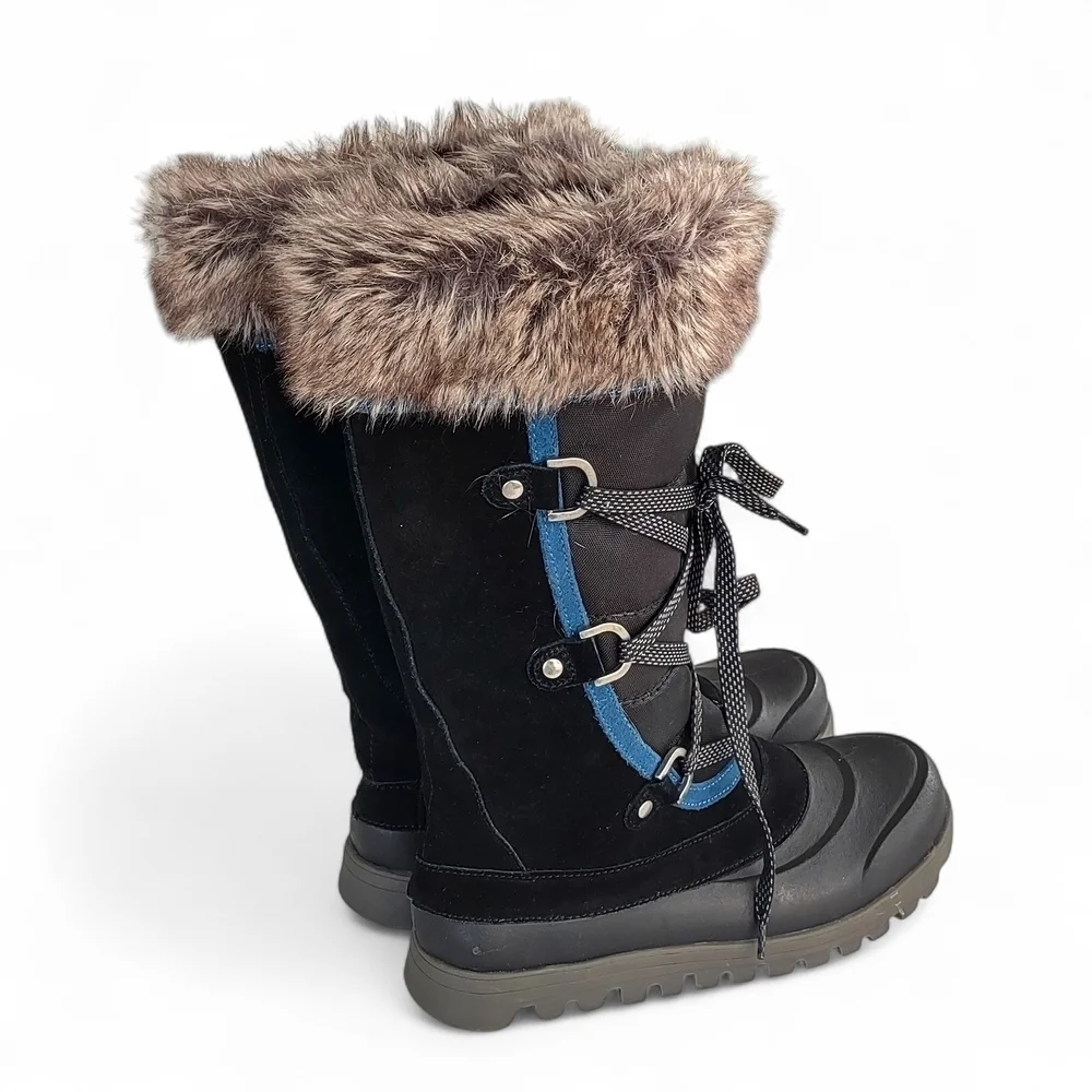 Baretraps Women's Black Winter Boots W/Faux Fur & Blue Trim 